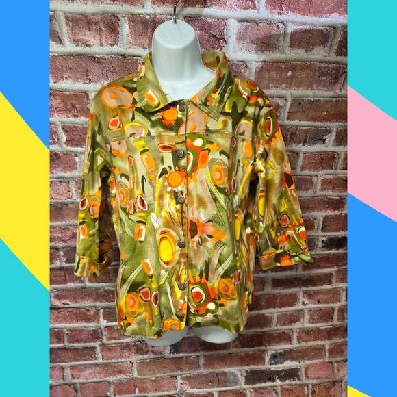 Vintage Keren Hart Green Abstract Button Down Shirt – Women’s Large Cotton - Picture 1 of 8